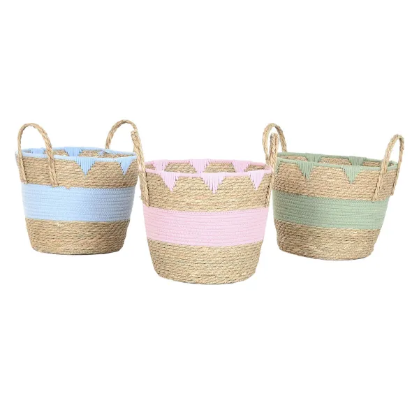 Decorative basket Home ESPRIT Blue Green Pink Natural Children's 36 x 36 x 37 cm (3 Units)