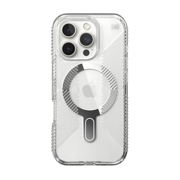 Speck Presidio Perfect-Clear Grip ClickLock & MagSafe - iPhone 16 Pro Case (Clear / Chrome Finish / Serene Silver)