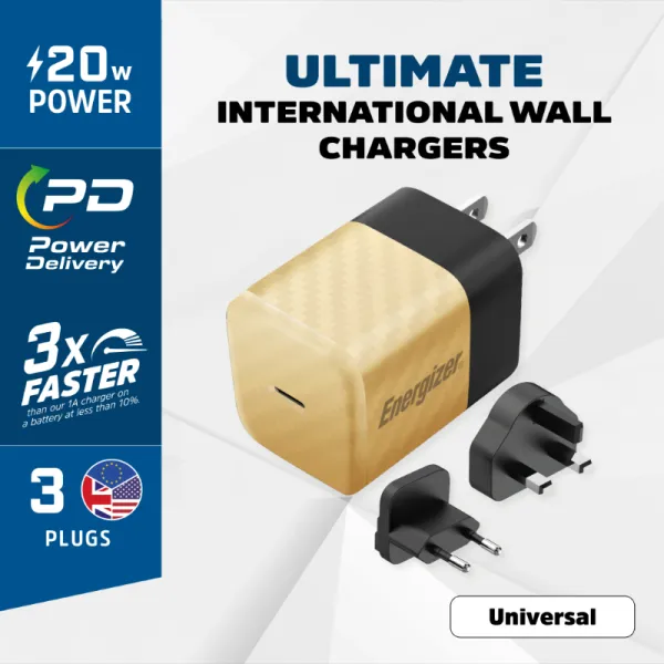 Energizer Ultimate - Multiplug EU / UK / US GaN 20W PD mains charger (Gold)
