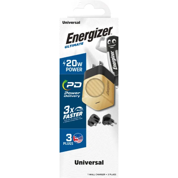 Energizer Ultimate - Multiplug EU / UK / US GaN 20W PD mains charger (Gold)