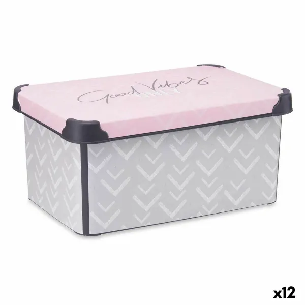 Storage Box with Lid Kipit Vibes Grey Pink Plastic Printed 10 L (12 Units)