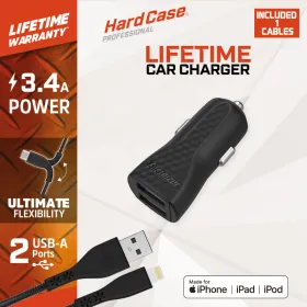 Energizer HardCase - Car charger 2x USB-A 17W 3.4A + MFi certified Lightning cable (Black)