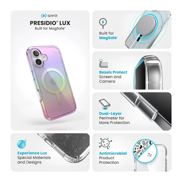 Speck Presidio2 Lux MagSafe - iPhone 16 Case (Amazing Purple / Clear)