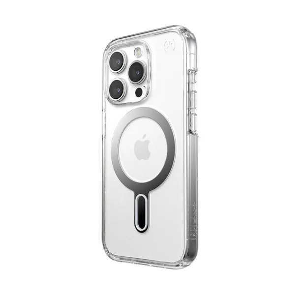 Speck Presidio Perfect-Clear ClickLock & Magsafe - iPhone 15 Pro Case (Clear / Chrome Finish / Serene Silver)