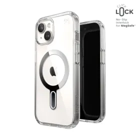 Speck Presidio Perfect-Clear ClickLock & MagSafe - iPhone 17e / 16e / 15 / 14 / 13 Case (Clear / Chrome Finish / Serene Silver)