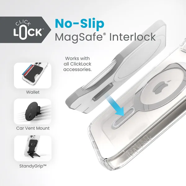 Speck Presidio Perfect-Clear ClickLock & MagSafe - iPhone 17e / 16e / 15 / 14 / 13 Case (Clear / Chrome Finish / Serene Silver)