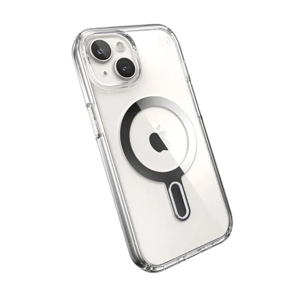 Speck Presidio Perfect-Clear ClickLock & MagSafe - iPhone 17e / 16e / 15 / 14 / 13 Case (Clear / Chrome Finish / Serene Silver)
