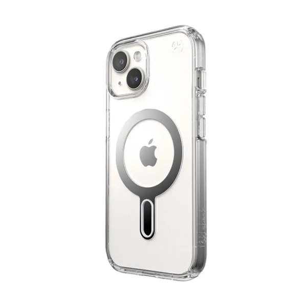 Speck Presidio Perfect-Clear ClickLock & MagSafe - iPhone 17e / 16e / 15 / 14 / 13 Case (Clear / Chrome Finish / Serene Silver)