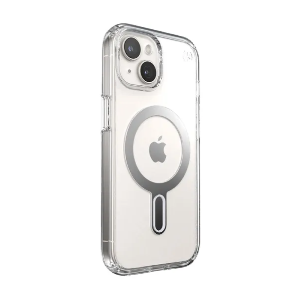 Speck Presidio Perfect-Clear ClickLock & MagSafe - iPhone 17e / 16e / 15 / 14 / 13 Case (Clear / Chrome Finish / Serene Silver)
