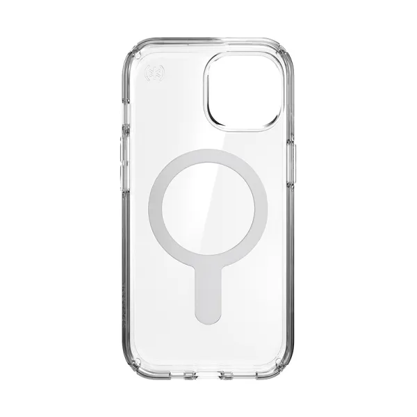 Speck Presidio Perfect-Clear ClickLock & MagSafe - iPhone 17e / 16e / 15 / 14 / 13 Case (Clear / Chrome Finish / Serene Silver)