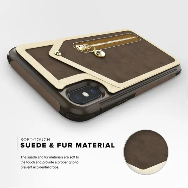 Zizo Nebula Wallet Case - Wallet Back and Zipper Pouch with Tempered Glass Screen Protector for iPhone X (Dark Brown/Brown)