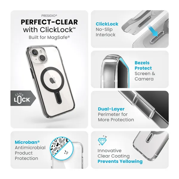 Speck Presidio Perfect-Clear ClickLock & MagSafe - iPhone 17e / 16e / 15 / 14 / 13 Case (Clear / Frosted Black / Slate Gray)