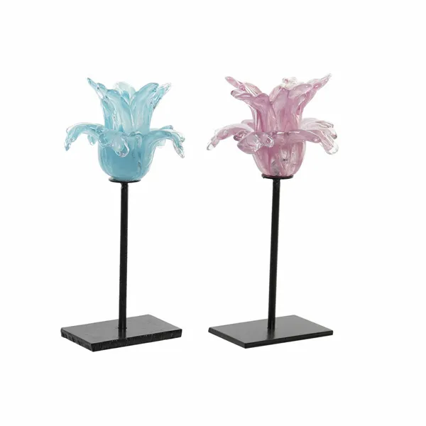 Candleholder DKD Home Decor Blue Pink Metal Crystal 12 x 12 x 24 cm (2 Units)