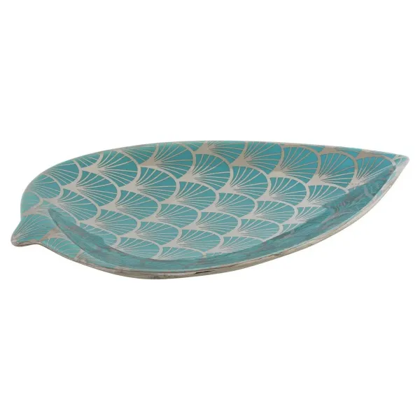 Centerpiece DKD Home Decor 27,5 x 16 x 3 cm Turquoise Oriental Chromed Leaf of a plant