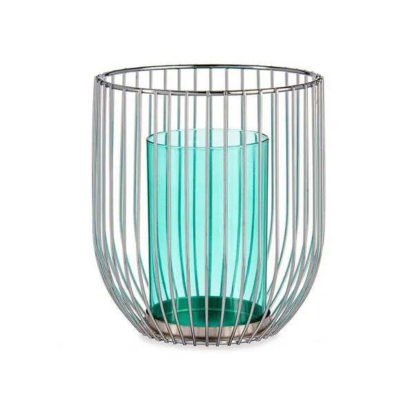 Candleholder Silver Blue Cage Metal Glass (15 x 17 x 15 cm)