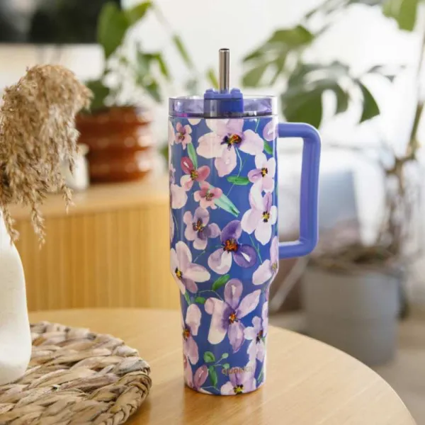 Quokka Stream - Stainless Steel Thermal Mug 1200ml with Straw (Flower Dusk)
