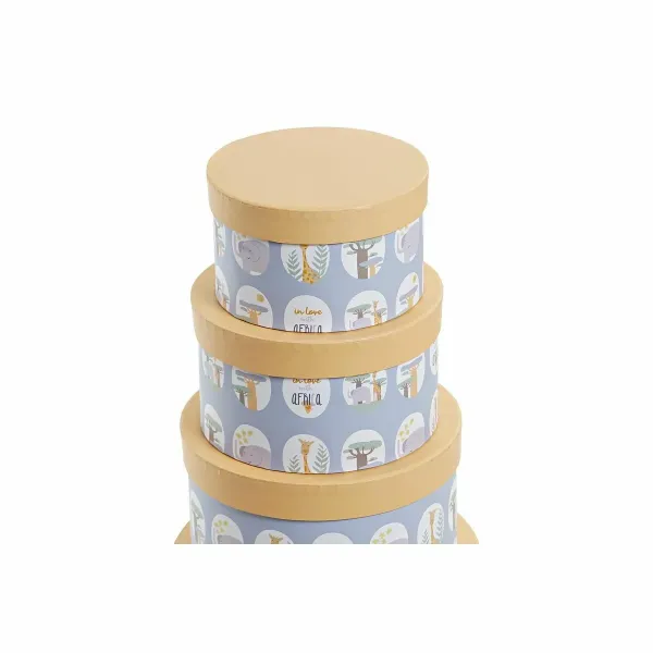 Set of Stackable Organising Boxes DKD Home Decor animals Circular Blue Cardboard (37,5 x 37,5 x 18 cm)