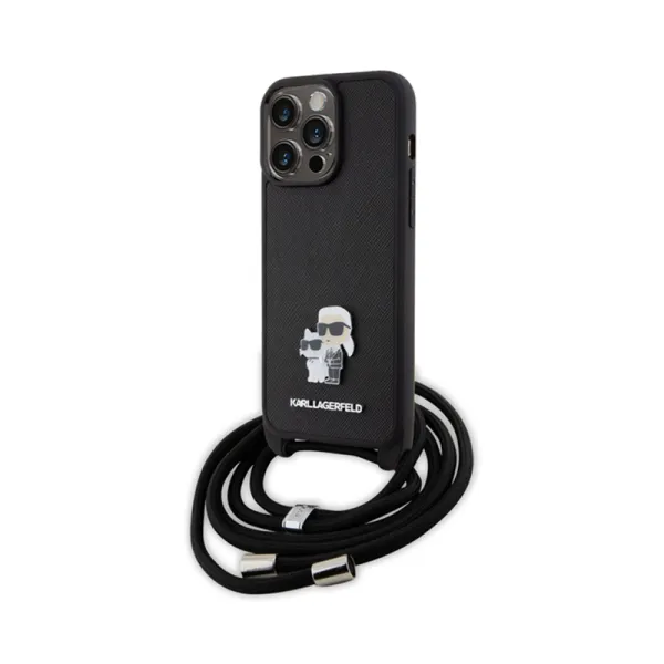 Karl Lagerfeld Crossbody Saffiano Metal Pin Karl & Choupette - Case for iPhone 15 Pro Max (Black)