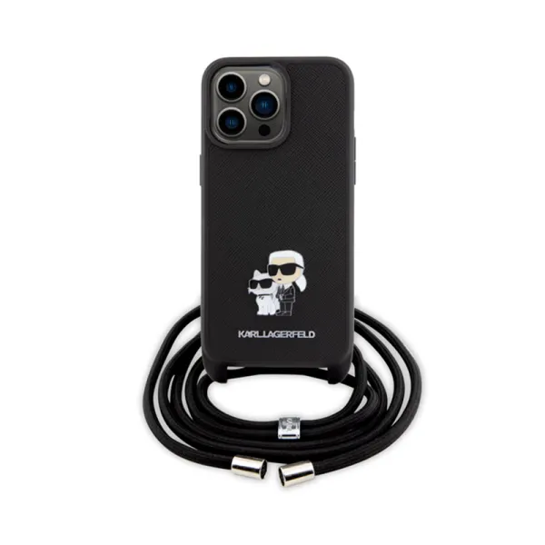 Karl Lagerfeld Crossbody Saffiano Metal Pin Karl & Choupette - Case for iPhone 15 Pro Max (Black)