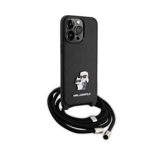 Karl Lagerfeld Crossbody Saffiano Metal Pin Karl & Choupette - Case for iPhone 15 Pro Max (Black)