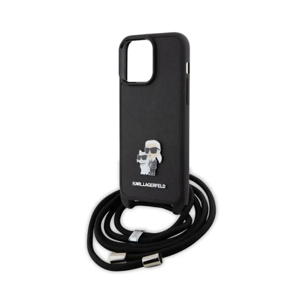 Karl Lagerfeld Crossbody Saffiano Metal Pin Karl & Choupette - Case for iPhone 15 Pro Max (Black)