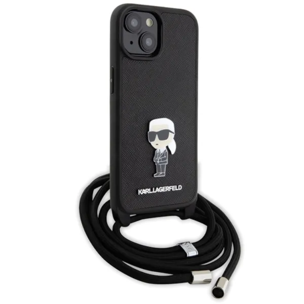 Karl Lagerfeld Crossbody Saffiano Monogram Ikonik Metal Pin - Case for iPhone 15 (Black)