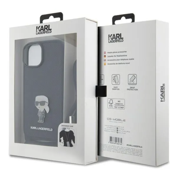 Karl Lagerfeld Crossbody Saffiano Monogram Ikonik Metal Pin - Case for iPhone 15 (Black)