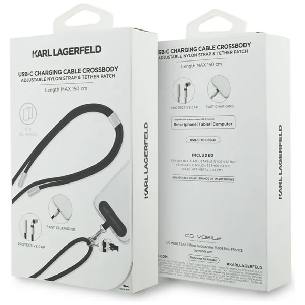 Karl Lagerfeld Crossbody Strap Ikonik Charm - Universal Phone Strap / USB-C to USB-C Cable 1.5m (Black)