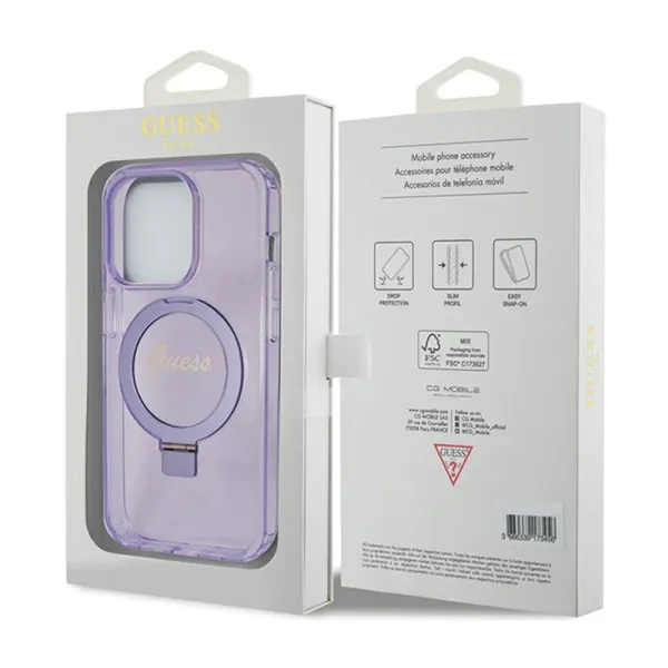 Guess Ring Stand Script Glitter MagSafe - iPhone 15 Pro Case (Purple)