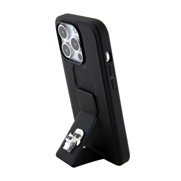 Karl Lagerfeld Gripstand Saffiano Karl & Choupette Pins - iPhone 15 Pro Case (Black)