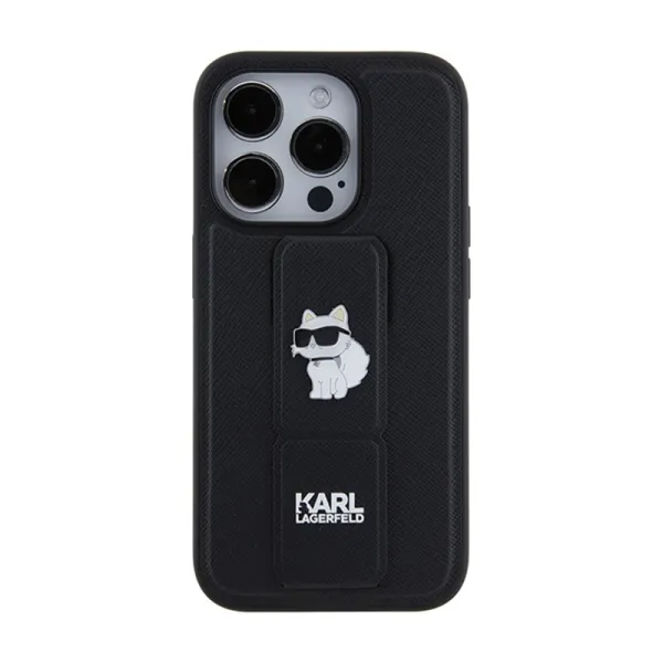 Karl Lagerfeld Gripstand Saffiano Choupette Pins - iPhone 15 Pro Case (black)