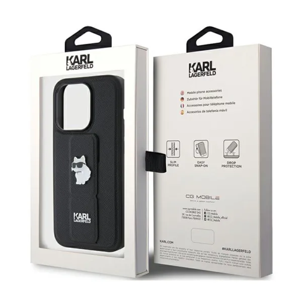 Karl Lagerfeld Gripstand Saffiano Choupette Pins - iPhone 15 Pro Max Case (Black)