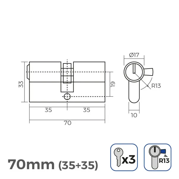 Cylinder EDM r13 European Short camlock Silver nickel (70 mm)