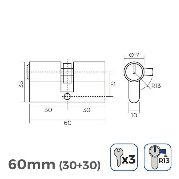 Cylinder EDM r13 European Short camlock Silver nickel (60 mm)