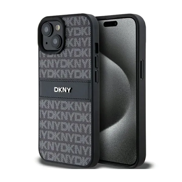 DKNY Leather Mono Stripe & Metal Logo - Case for iPhone 15 / 14 / 13 (black)