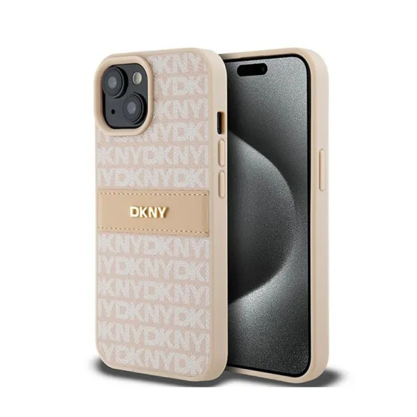 DKNY Leather Mono Stripe & Metal Logo - Case for iPhone 15 Plus / 14 Plus (pink)