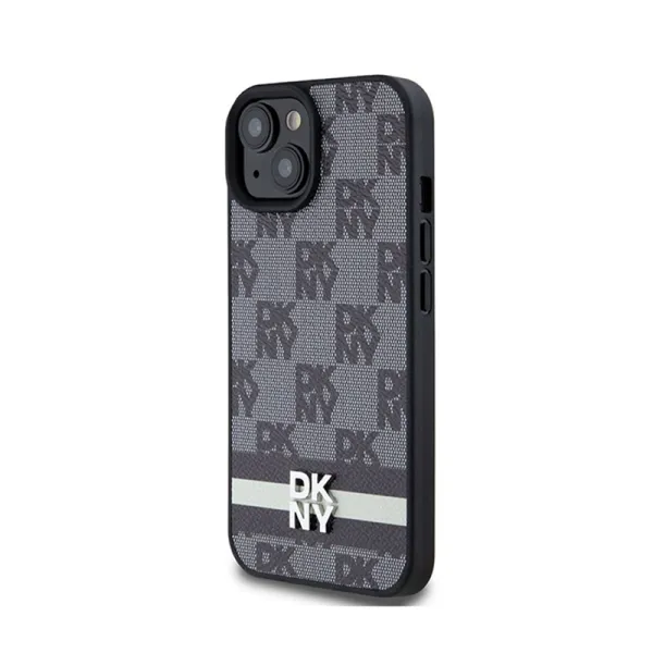 DKNY Leather Checkered Mono Pattern & Printed Stripes - iPhone 15 Plus / 14 Plus Case (black)