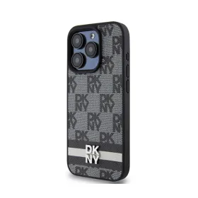 DKNY Leather Checkered Mono Pattern & Printed Stripes - iPhone 15 Pro Case (black)