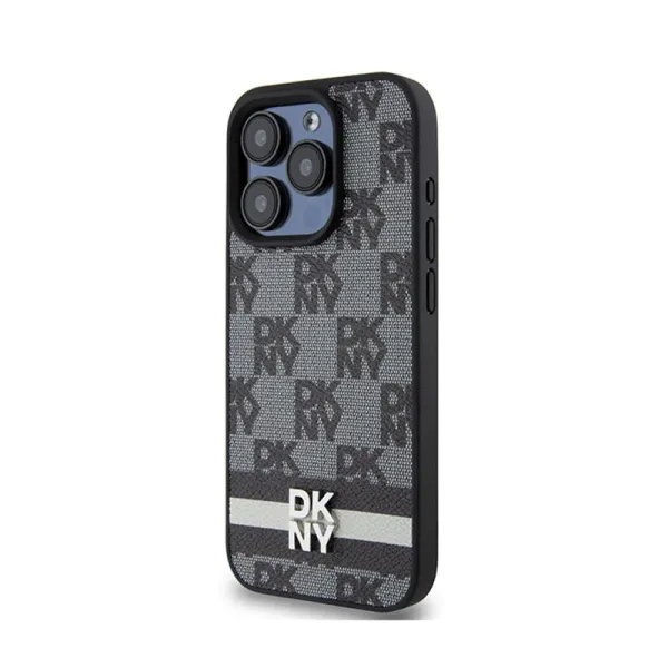 DKNY Leather Checkered Mono Pattern & Printed Stripes - iPhone 15 Pro Case (black)