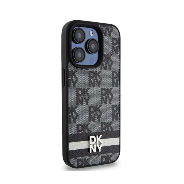 DKNY Leather Checkered Mono Pattern & Printed Stripes - iPhone 15 Pro Case (black)