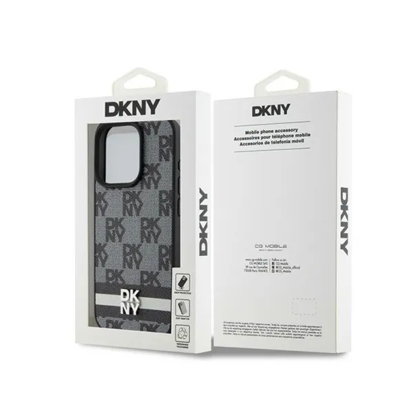 DKNY Leather Checkered Mono Pattern & Printed Stripes - iPhone 15 Pro Case (black)