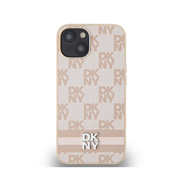 DKNY Leather Checkered Mono Pattern & Printed Stripes - Case for iPhone 15 / 14 / 13 (pink)