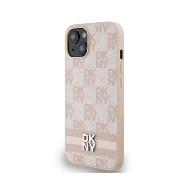 DKNY Leather Checkered Mono Pattern & Printed Stripes - Case for iPhone 15 Plus / 14 Plus (pink)