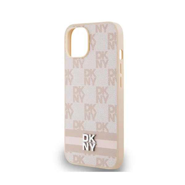 DKNY Leather Checkered Mono Pattern & Printed Stripes - Case for iPhone 15 Plus / 14 Plus (pink)