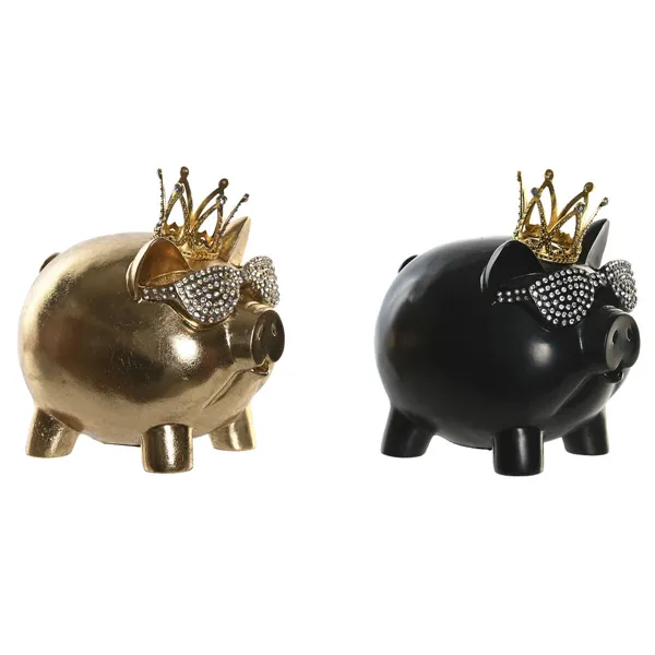 Decorative Figure DKD Home Decor 13,5 x 11 x 14 cm Black Golden Pig (2 Units)