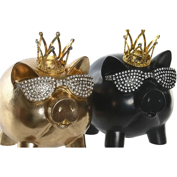 Decorative Figure DKD Home Decor 13,5 x 11 x 14 cm Black Golden Pig (2 Units)