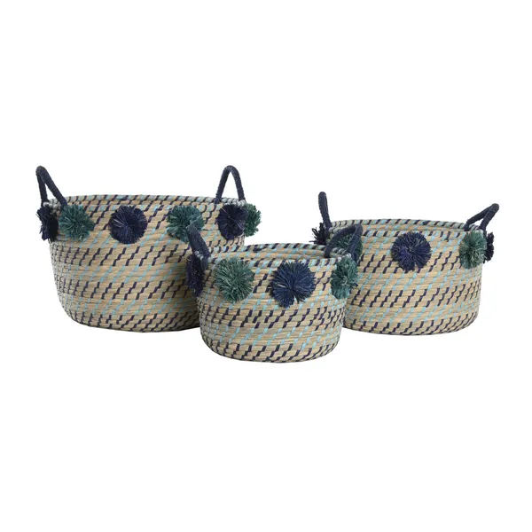 Basket set DKD Home Decor 46 x 44 x 34 cm Pompoms polypropylene Seagrass