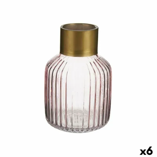 Vase Stripes Pink Golden Glass 12 x 18 x 12 cm (6 Units)