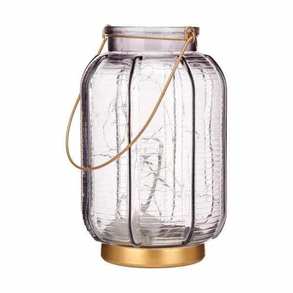 LED Lantern Stripes Grey Golden Glass 13,5 x 22 x 13,5 cm (6 Units)