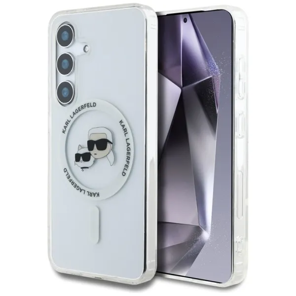 Karl Lagerfeld Button Karl & Choupette Heads Printed Logo MagSafe - Case for Samsung Galaxy S25+ (White)